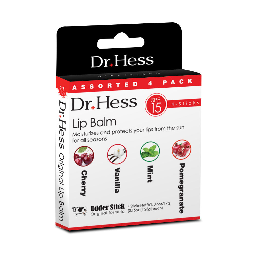 Dr. Hess Udder Stick Lip Balm, Assorted 4 Pack (Cherry, Vanilla, Mint, Pomegranate)