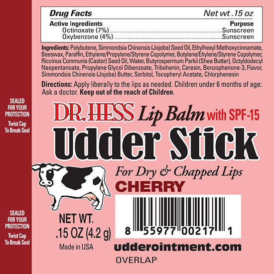 Dr. Hess Udder Stick Lip Balm, Assorted 4 Pack (Cherry, Vanilla, Mint, Pomegranate)