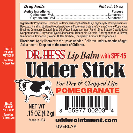 Dr. Hess Udder Stick Lip Balm, Assorted 4 Pack PMVCL (Coconut Lime, Vanilla, Mint, Pomegranate)