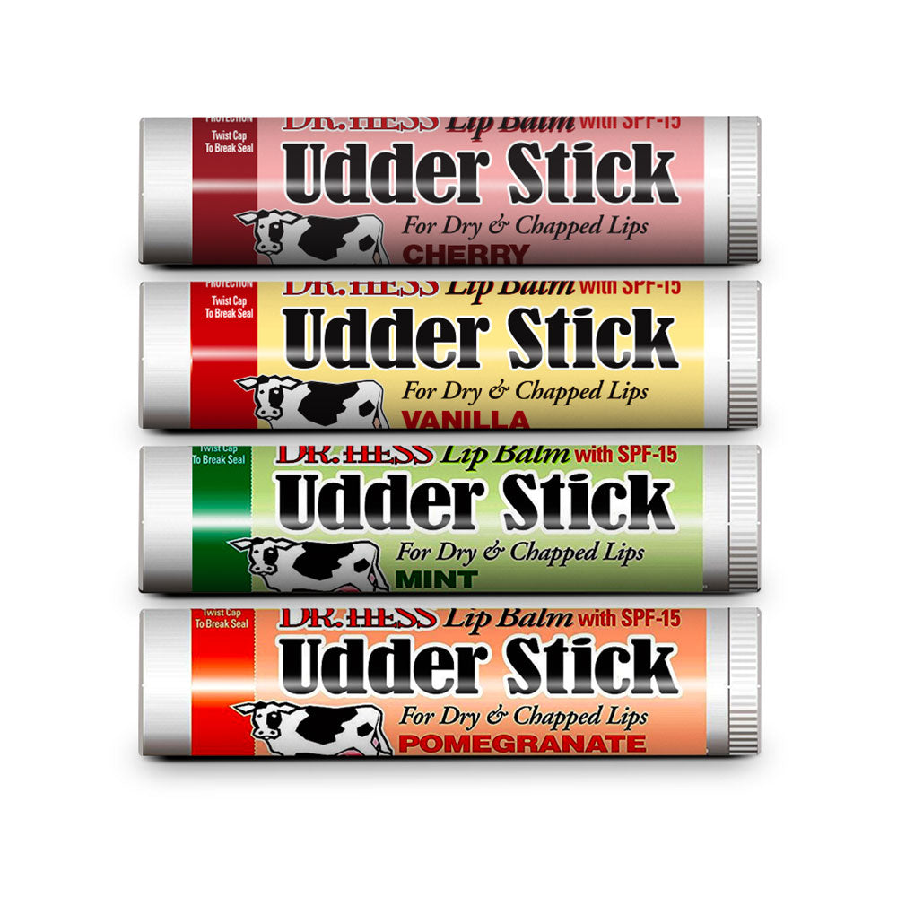 Dr. Hess Udder Stick Lip Balm, Assorted 4 Pack (Cherry, Vanilla, Mint, Pomegranate)