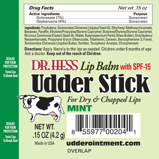 Dr. Hess Udder Stick Lip Balm, Assorted 4 Pack PMVCL (Coconut Lime, Vanilla, Mint, Pomegranate)