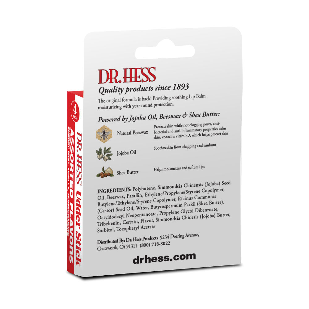 Dr. Hess Udder Stick Lip Balm, Cherry, Vanilla, Mint, Pomegranate 4 Pack