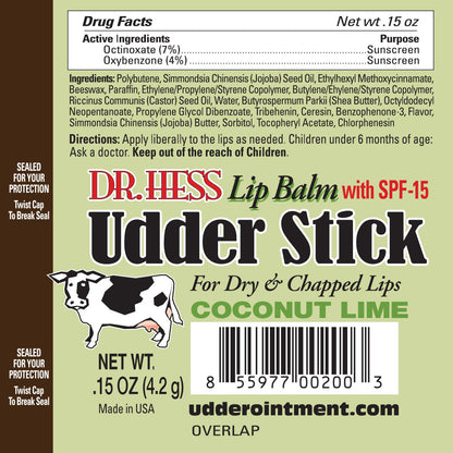 Dr. Hess Udder Stick Lip Balm, Assorted 4 Pack PMVCL (Coconut Lime, Vanilla, Mint, Pomegranate)
