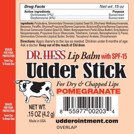 Dr. Hess Udder Stick Lip Balm, Assorted 4 Pack (Cherry, Vanilla, Mint, Pomegranate)