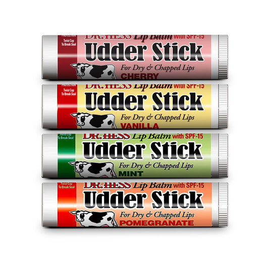 Dr. Hess Udder Stick Lip Balm, Assorted 4 Pack (Cherry, Vanilla, Mint, Pomegranate)