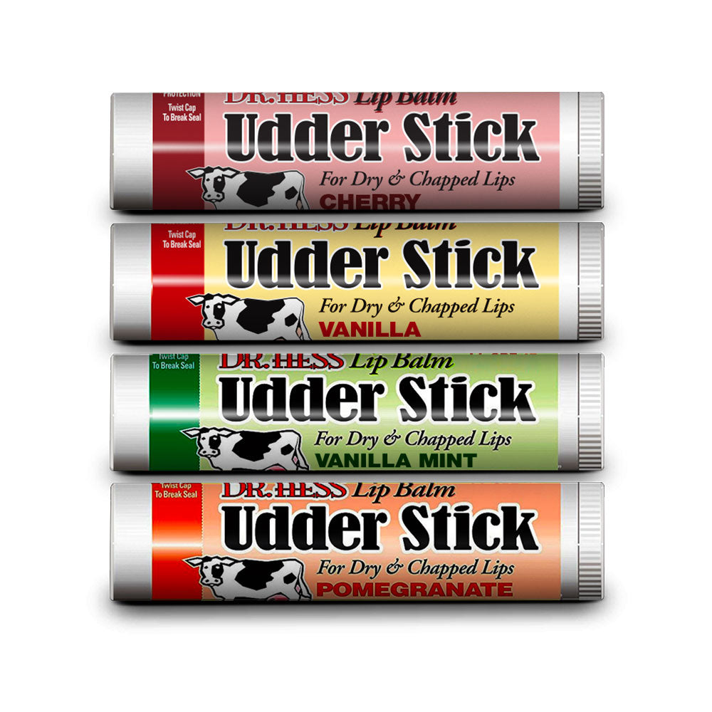 Dr. Hess Udder Stick Lip Balm, Cherry, Vanilla, Mint, Pomegranate 4 Pack