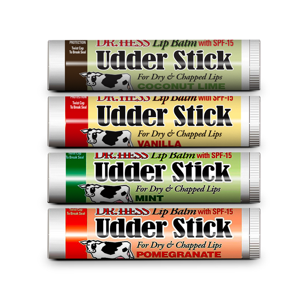 Dr. Hess Udder Stick Lip Balm, Assorted 4 Pack PMVCL (Coconut Lime, Vanilla, Mint, Pomegranate)